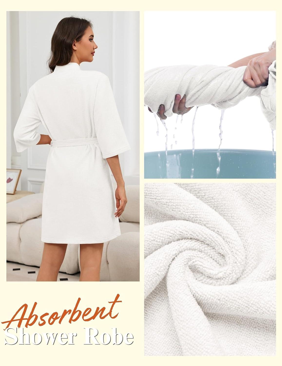 imageEkouaer Women Terry Cloth Robes Absorbent Towel Robe Knee Length Soft Bathrobe 34 Sleeve Spa Robe with Pockets S2XLPure White