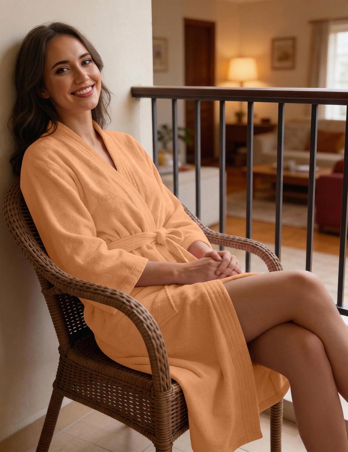 imageEkouaer Women Terry Cloth Robes Absorbent Towel Robe Knee Length Soft Bathrobe 34 Sleeve Spa Robe with Pockets S2XLSoft Orange
