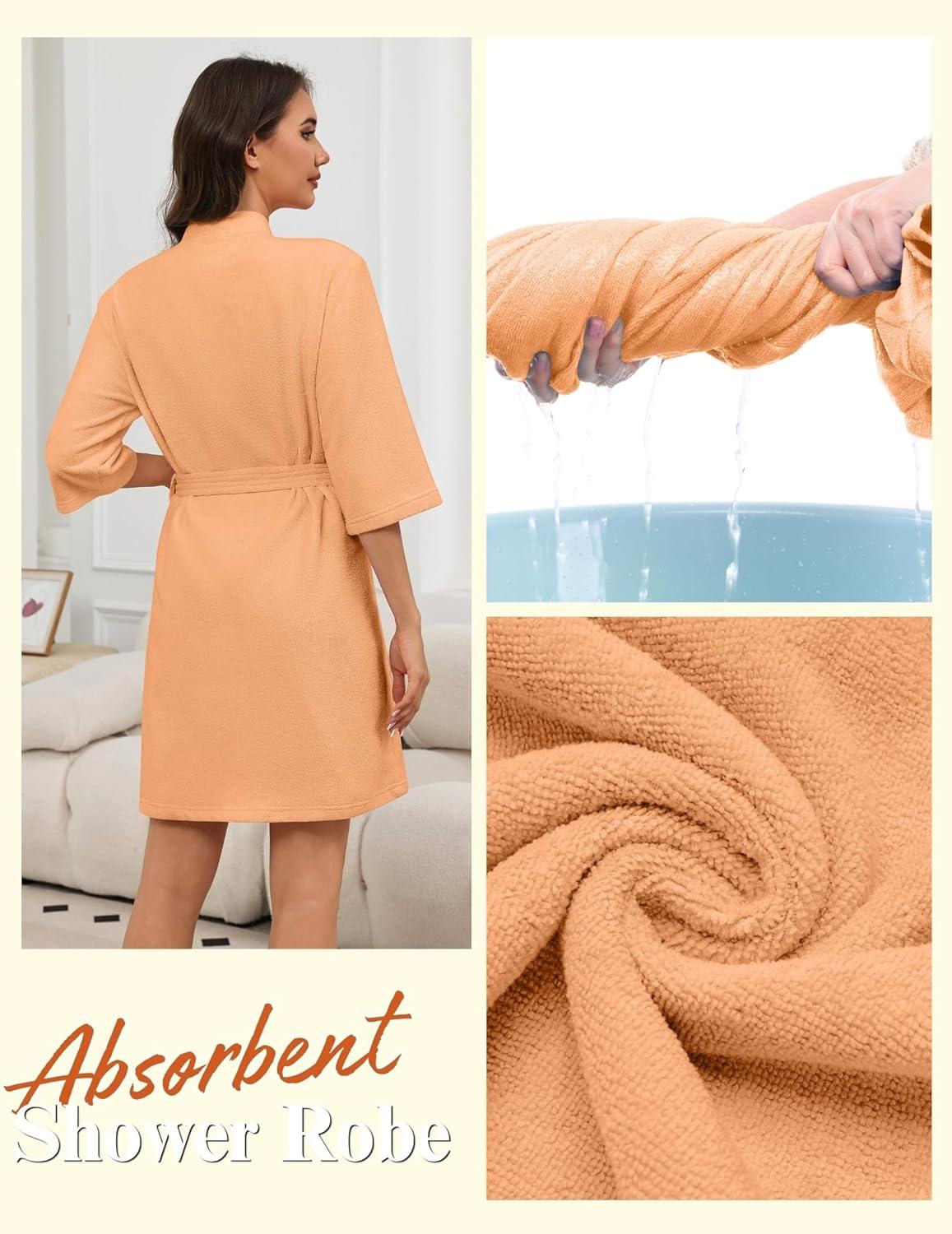 imageEkouaer Women Terry Cloth Robes Absorbent Towel Robe Knee Length Soft Bathrobe 34 Sleeve Spa Robe with Pockets S2XLSoft Orange