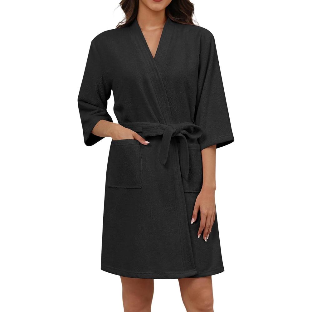 imageEkouaer Women Terry Cloth Robes Absorbent Towel Robe Knee Length Soft Bathrobe 34 Sleeve Spa Robe with Pockets S2XLBlack