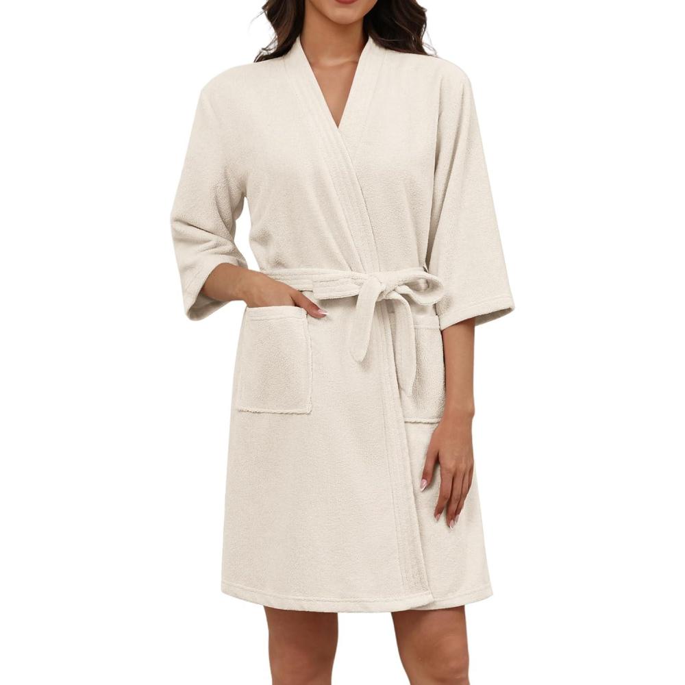 imageEkouaer Women Terry Cloth Robes Absorbent Towel Robe Knee Length Soft Bathrobe 34 Sleeve Spa Robe with Pockets S2XLCream