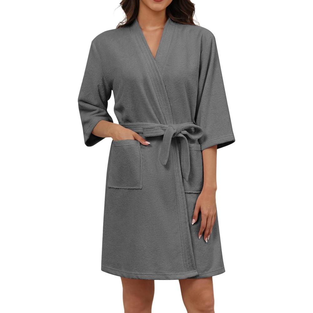 imageEkouaer Women Terry Cloth Robes Absorbent Towel Robe Knee Length Soft Bathrobe 34 Sleeve Spa Robe with Pockets S2XLDark Grey