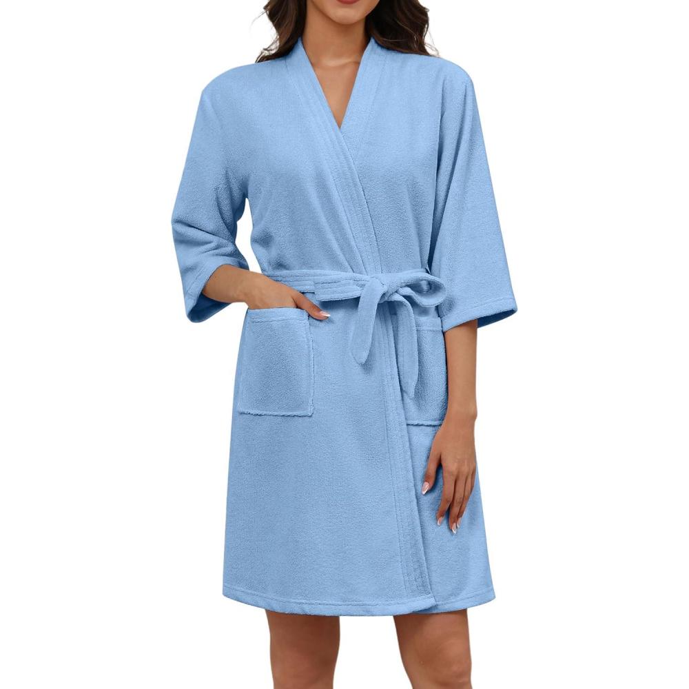 imageEkouaer Women Terry Cloth Robes Absorbent Towel Robe Knee Length Soft Bathrobe 34 Sleeve Spa Robe with Pockets S2XLLight Blue