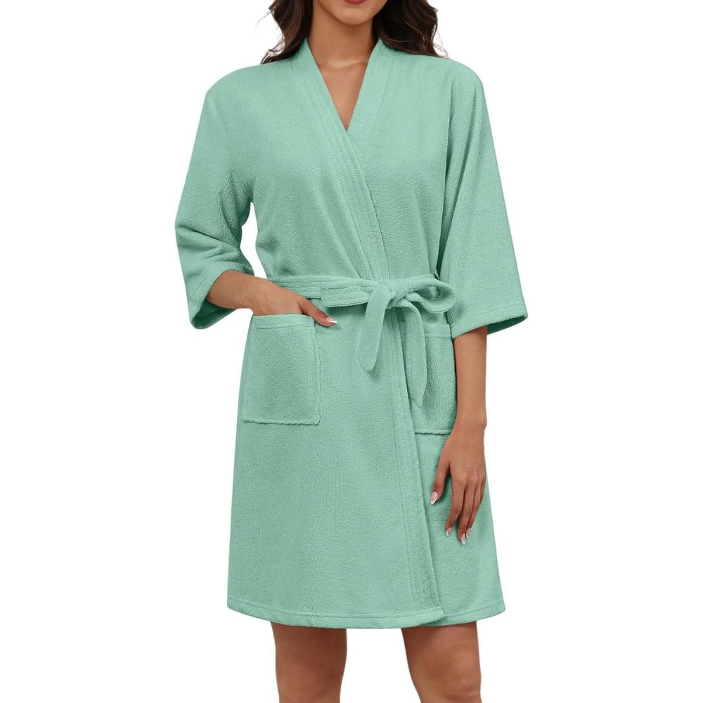 imageEkouaer Women Terry Cloth Robes Absorbent Towel Robe Knee Length Soft Bathrobe 34 Sleeve Spa Robe with Pockets S2XLMint Green