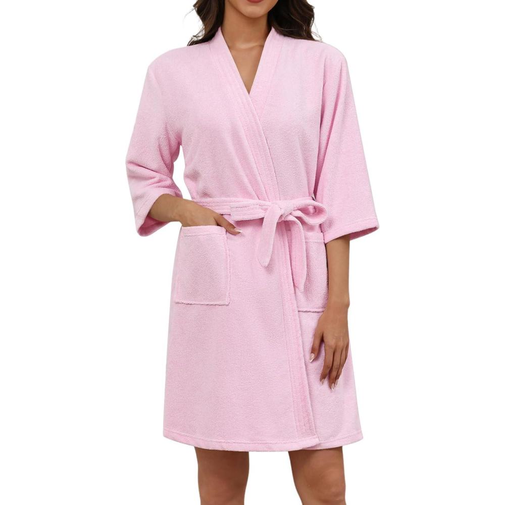 imageEkouaer Women Terry Cloth Robes Absorbent Towel Robe Knee Length Soft Bathrobe 34 Sleeve Spa Robe with Pockets S2XLPink