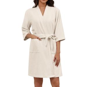 Ekouaer Women Terry Cloth Robes Absorbent Towel Robe Knee Length Soft Bathrobe 3/4 Sleeve Spa Robe with Pockets S-2XL(Cream)