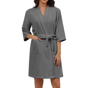 Ekouaer Women Terry Cloth Robes Absorbent Towel Robe Knee Length Soft Bathrobe 3/4 Sleeve Spa Robe with Pockets S-2XL(Dark Grey)