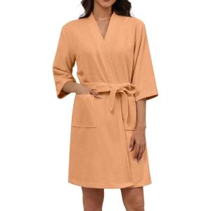 Ekouaer Women Terry Cloth Robes Absorbent Towel Robe Knee Length Soft Bathrobe 3/4 Sleeve Spa Robe with Pockets S-2XL(Soft Orange)
