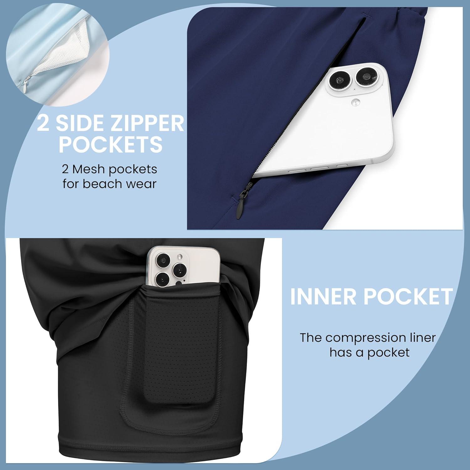 imageEkouaer 2 Pack Mens Swim Trunks 5 with Compression Liner 2 in 1 Board Shorts Quick Dry Bathing Suit Swimwear Zipper PocketBlackNavy Blue
