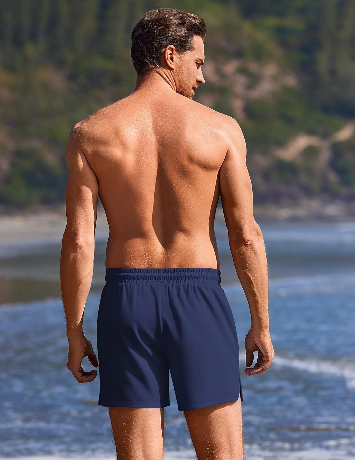 imageEkouaer 2 Pack Mens Swim Trunks 5 with Compression Liner 2 in 1 Board Shorts Quick Dry Bathing Suit Swimwear Zipper PocketBlackNavy Blue