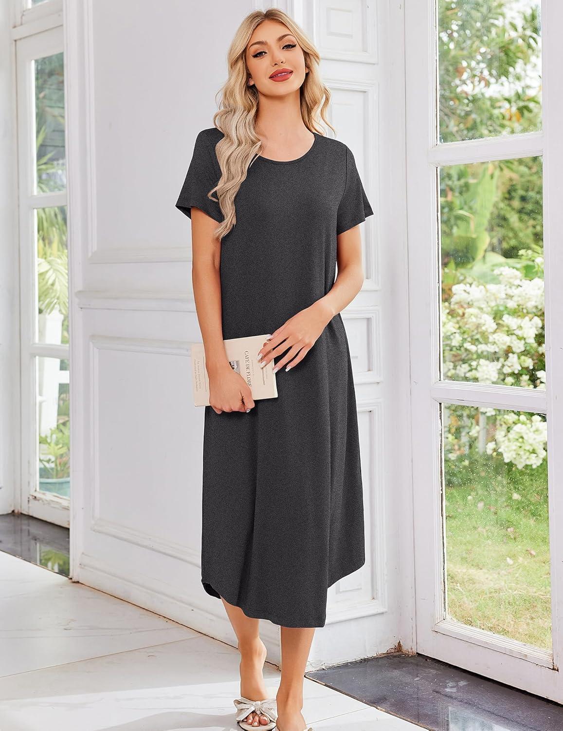 imageEkouaer 3 Pack Long Nightgowns for Women Plus Size Moo Moos Short Sleeve House Dress Button Night Gown Soft Sleepwear S5XLBlack ButterflyBlackDark Grey