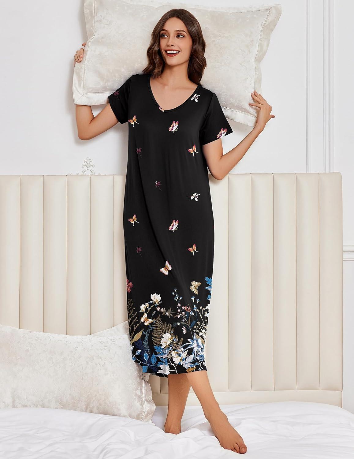 imageEkouaer 3 Pack Long Nightgowns for Women Plus Size Moo Moos Short Sleeve House Dress Button Night Gown Soft Sleepwear S5XLBlack ButterflyBlackDark Grey