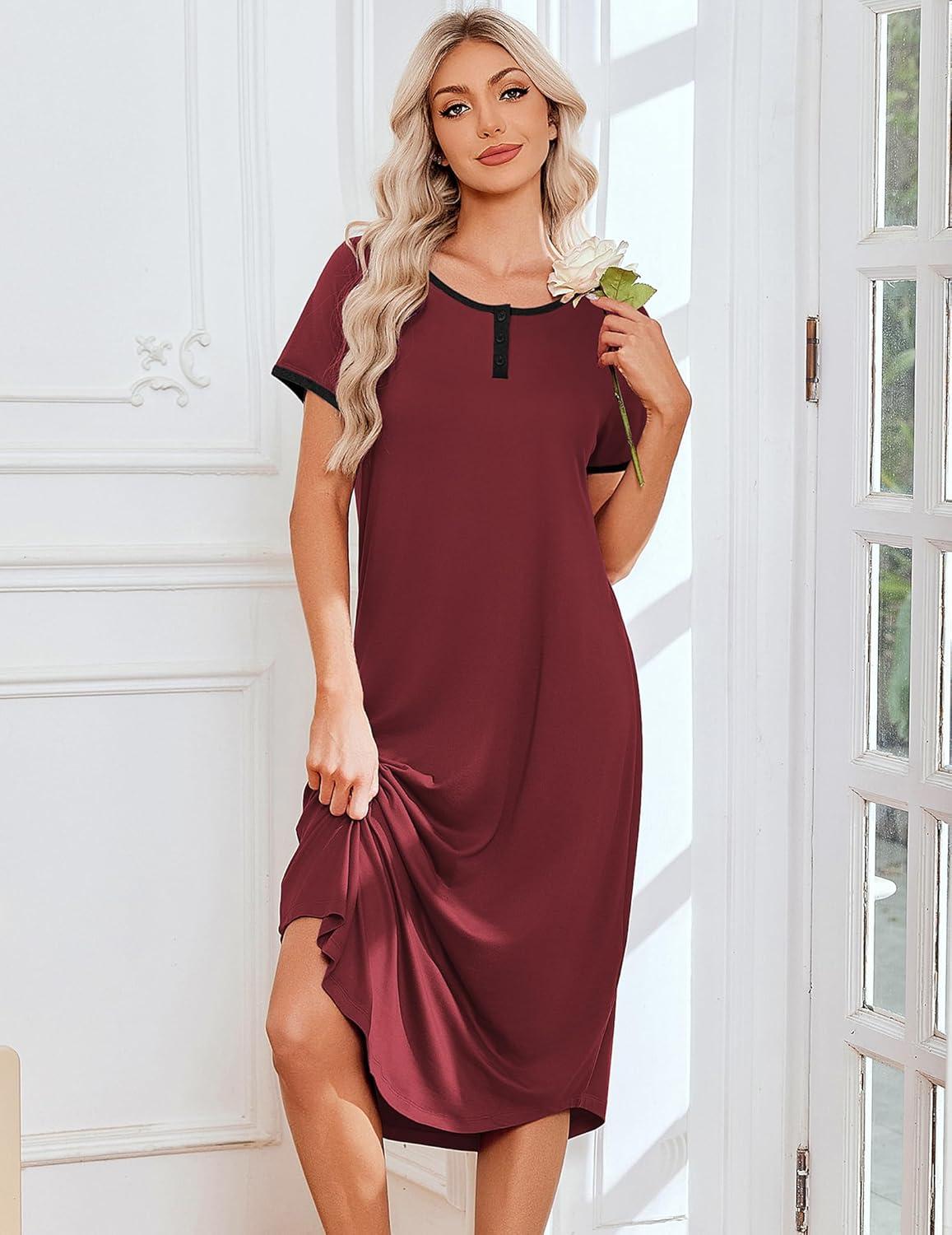 imageEkouaer 3 Pack Long Nightgowns for Women Plus Size Moo Moos Short Sleeve House Dress Button Night Gown Soft Sleepwear S5XLBlack FlowersWine RedBlack