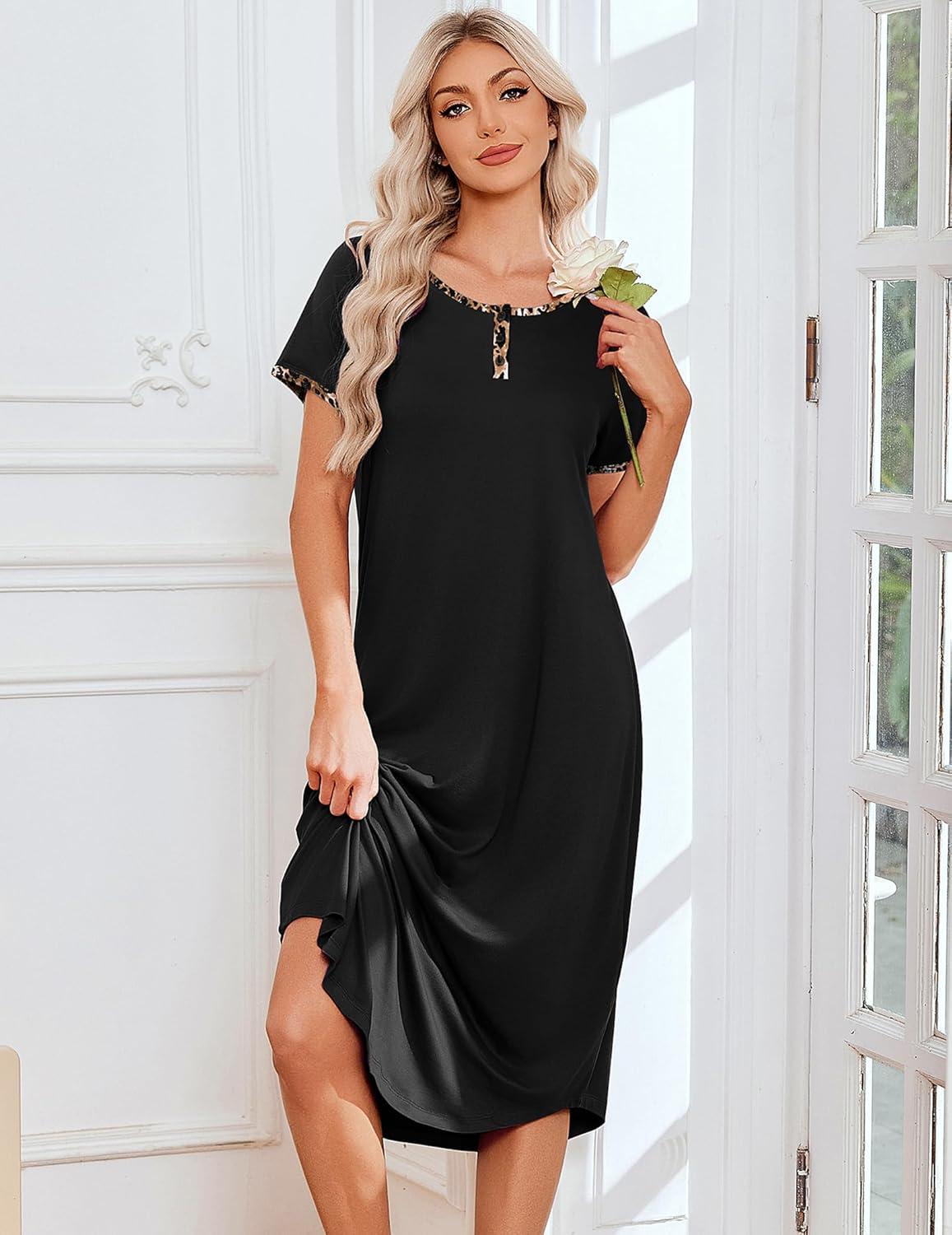imageEkouaer 3 Pack Long Nightgowns for Women Plus Size Moo Moos Short Sleeve House Dress Button Night Gown Soft Sleepwear S5XLBlue FloralBlackLeopard