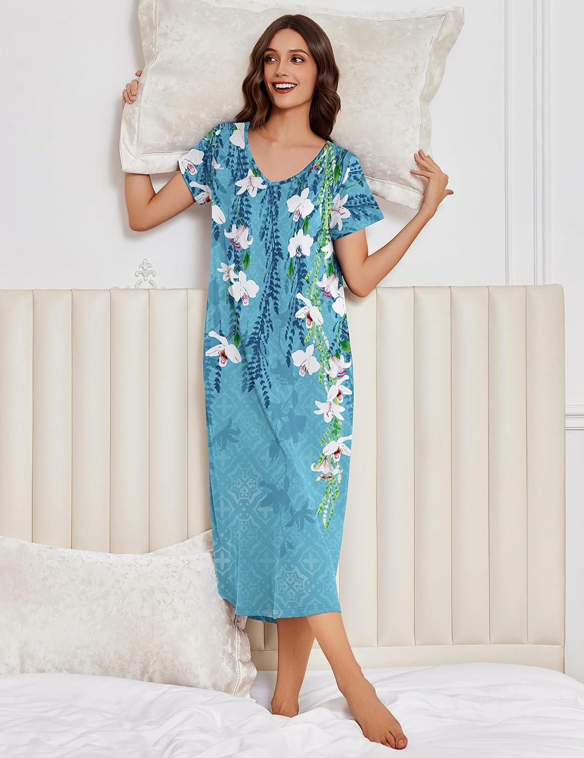 imageEkouaer 3 Pack Long Nightgowns for Women Plus Size Moo Moos Short Sleeve House Dress Button Night Gown Soft Sleepwear S5XLBlue FloralBlackLeopard