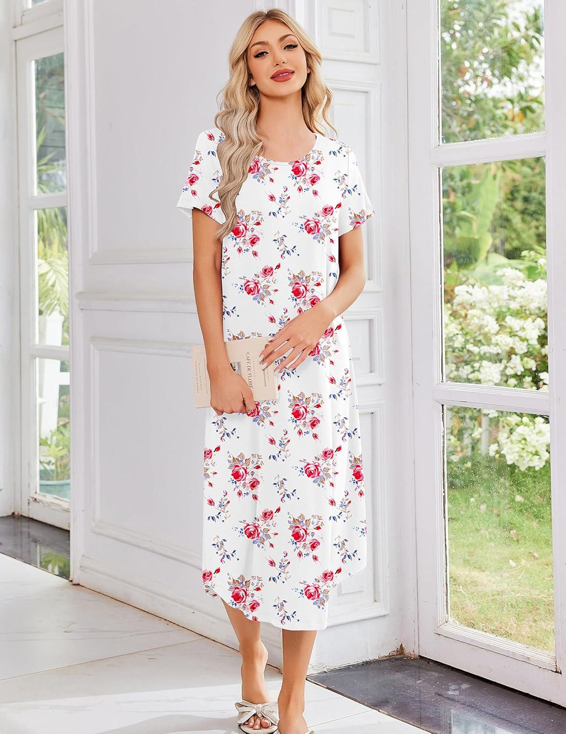 imageEkouaer 3 Pack Long Nightgowns for Women Plus Size Moo Moos Short Sleeve House Dress Button Night Gown Soft Sleepwear S5XLBlue StripedBlue FlowerWhite Flower