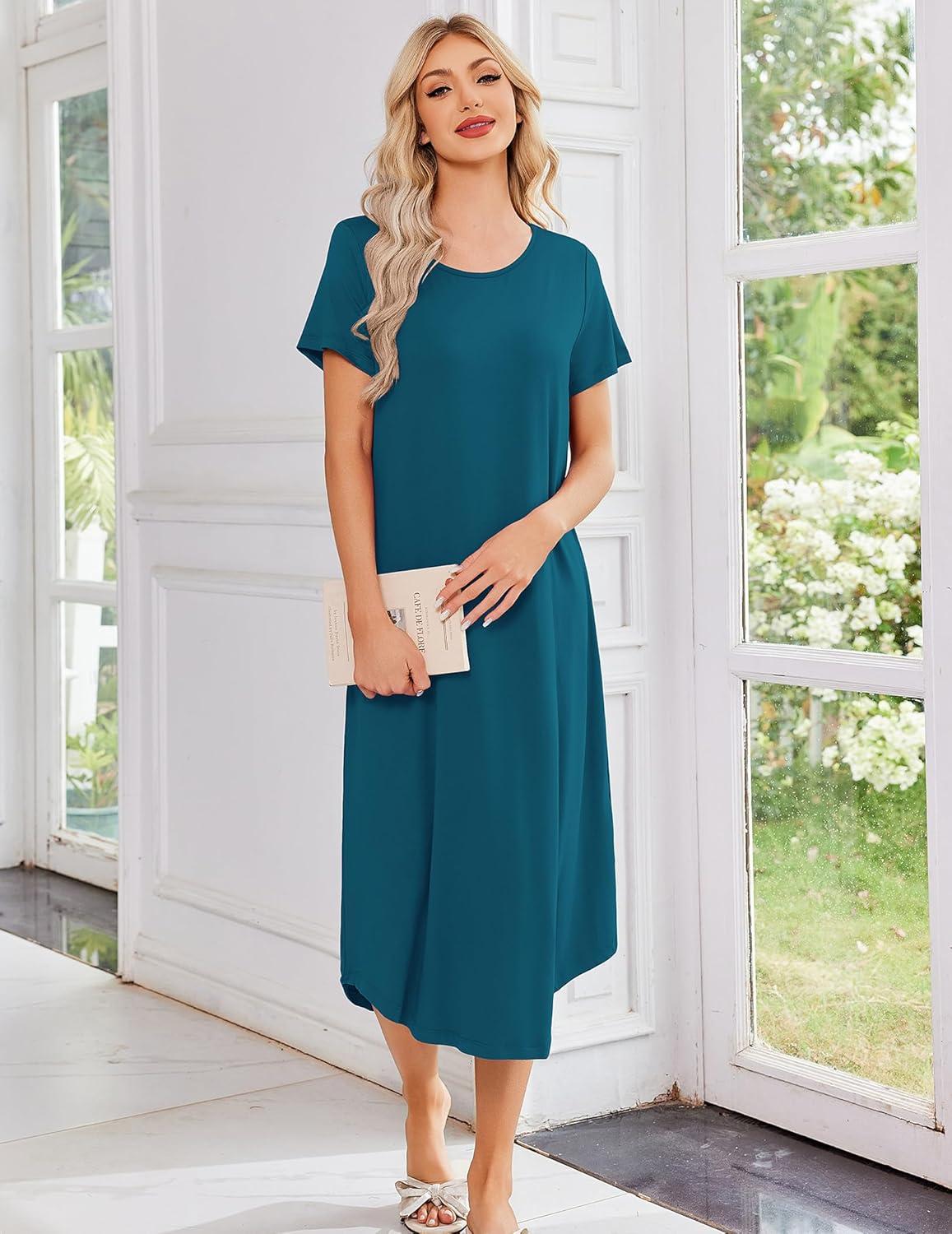 imageEkouaer 3 Pack Long Nightgowns for Women Plus Size Moo Moos Short Sleeve House Dress Button Night Gown Soft Sleepwear S5XLLigth Blue FloralBlackBlue Green