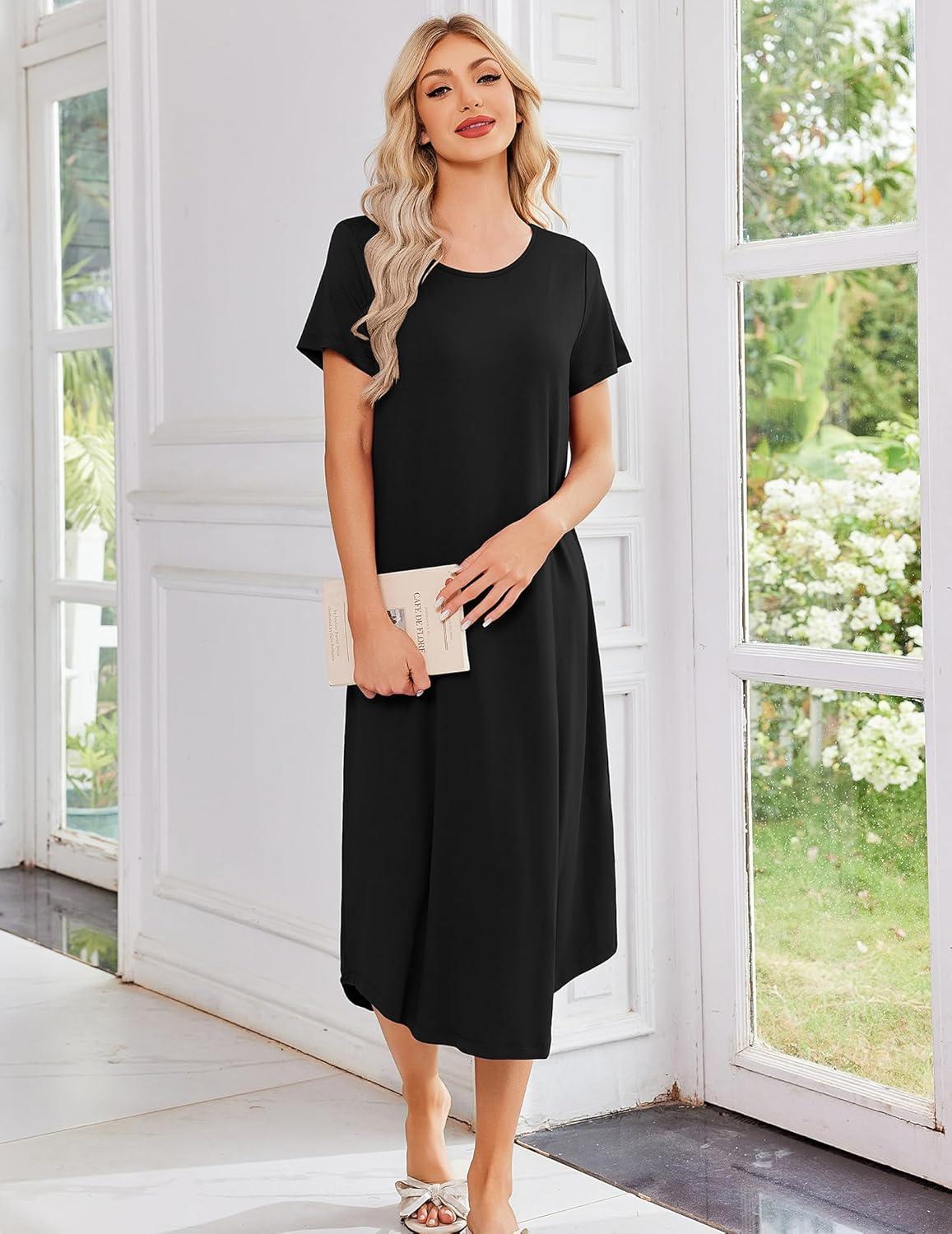 imageEkouaer 3 Pack Long Nightgowns for Women Plus Size Moo Moos Short Sleeve House Dress Button Night Gown Soft Sleepwear S5XLPinkBlue StarBlack