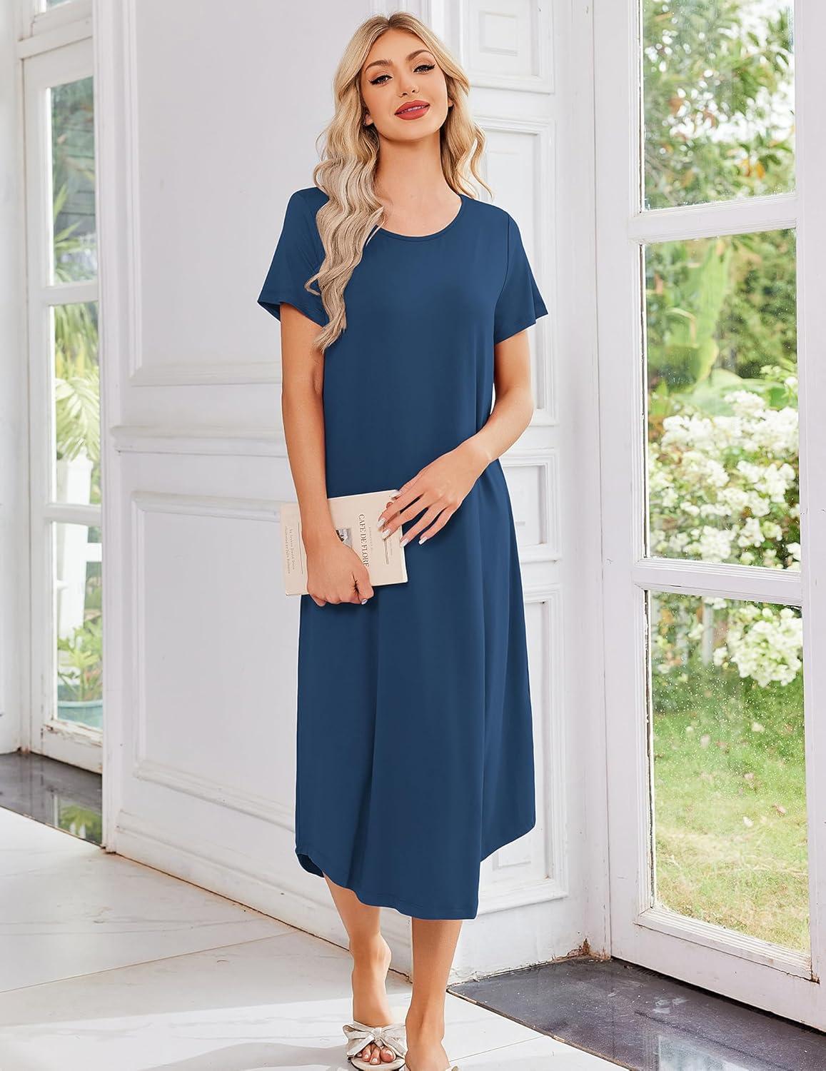 imageEkouaer 3 Pack Long Nightgowns for Women Plus Size Moo Moos Short Sleeve House Dress Button Night Gown Soft Sleepwear S5XLPurpleBlackBlue