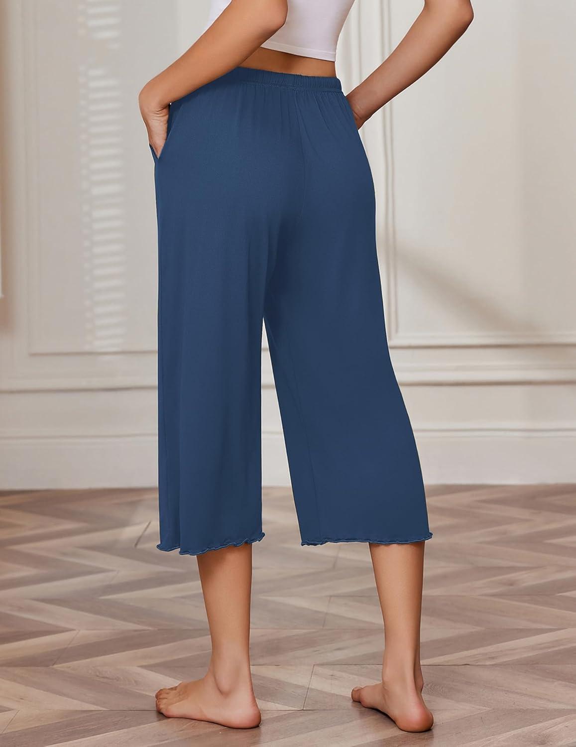 imageEkouaer 3 Pack Women Capri Pajama Pants 2026 Ruffle hem Lounge Pants Drawstring Pj Bottoms with PocketsBlack Navy Blue Light Heather Gray