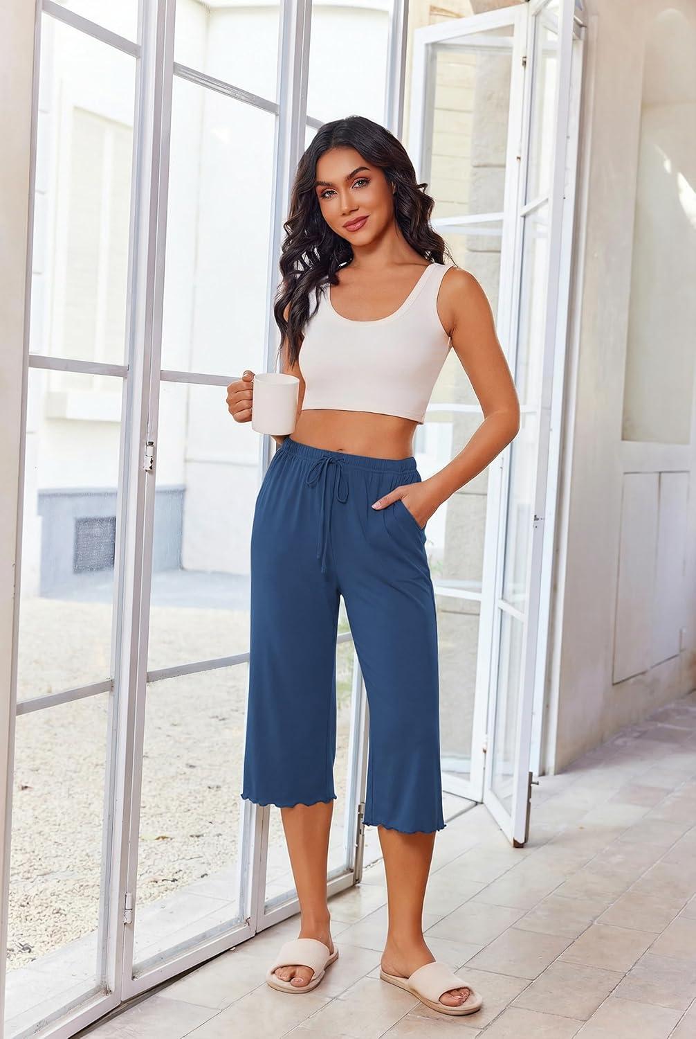imageEkouaer 3 Pack Women Capri Pajama Pants 2026 Ruffle hem Lounge Pants Drawstring Pj Bottoms with PocketsBlack Navy Blue Light Heather Gray