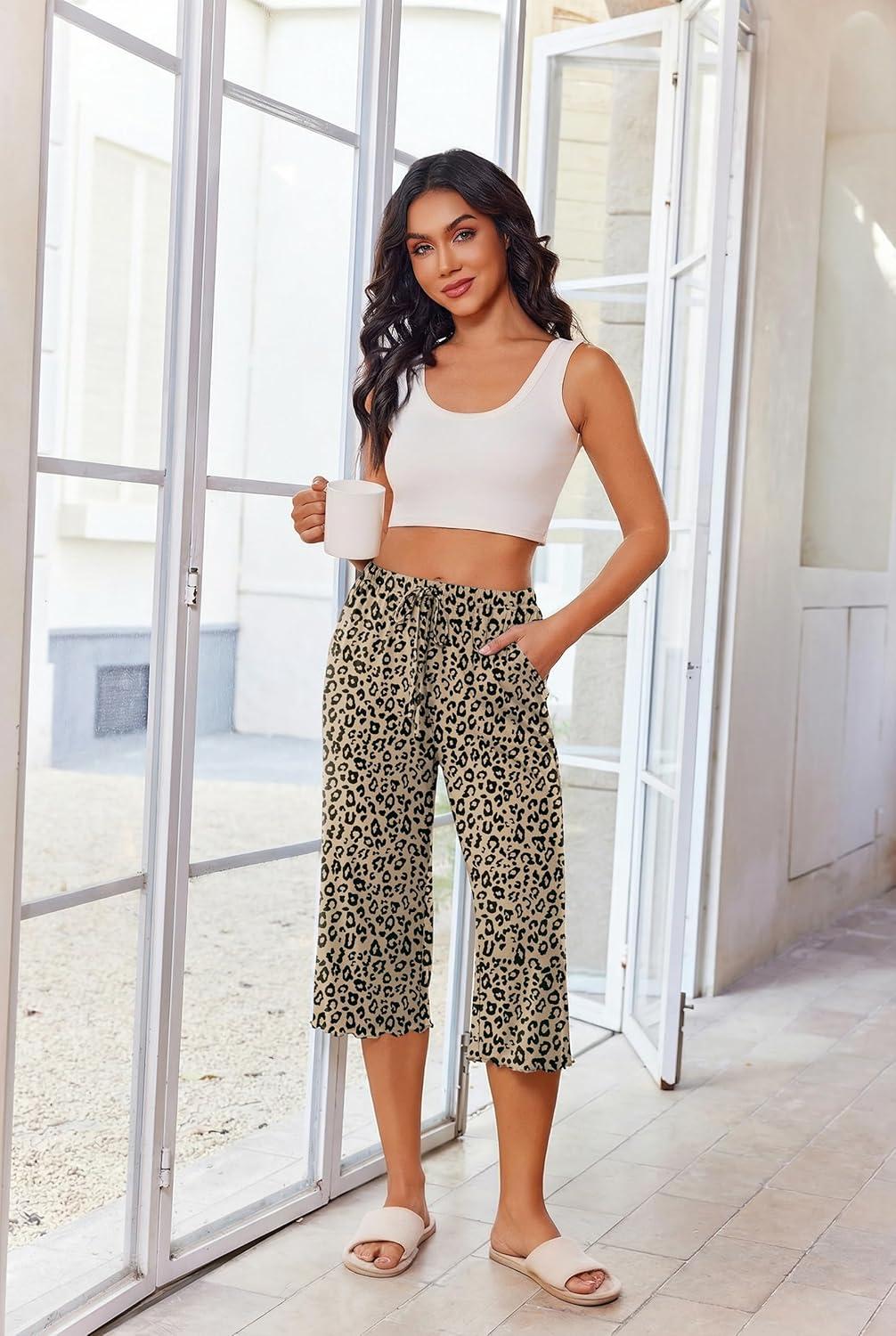 imageEkouaer 3 Pack Women Capri Pajama Pants 2026 Ruffle hem Lounge Pants Drawstring Pj Bottoms with PocketsDark Heather Grey Black Polka Dot Khaki Leopard