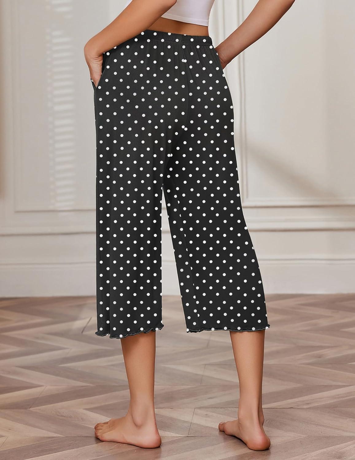 imageEkouaer 3 Pack Women Capri Pajama Pants 2026 Ruffle hem Lounge Pants Drawstring Pj Bottoms with PocketsDark Heather Grey Black Polka Dot Khaki Leopard