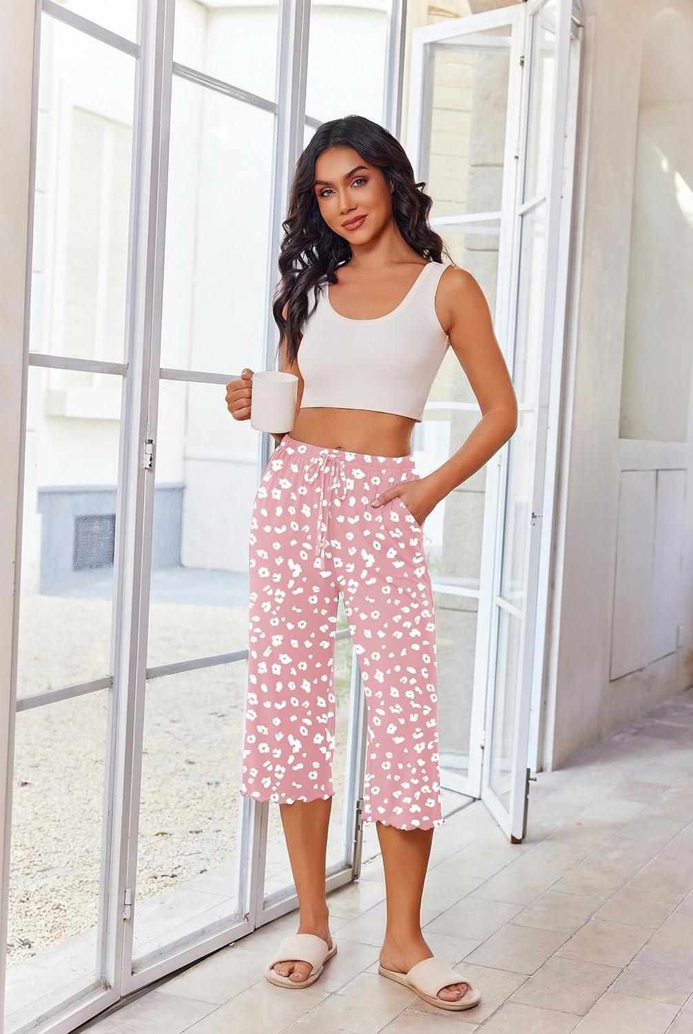 imageEkouaer 3 Pack Women Capri Pajama Pants 2026 Ruffle hem Lounge Pants Drawstring Pj Bottoms with PocketsNavy Blue Pink Leopard Dark Heather Grey
