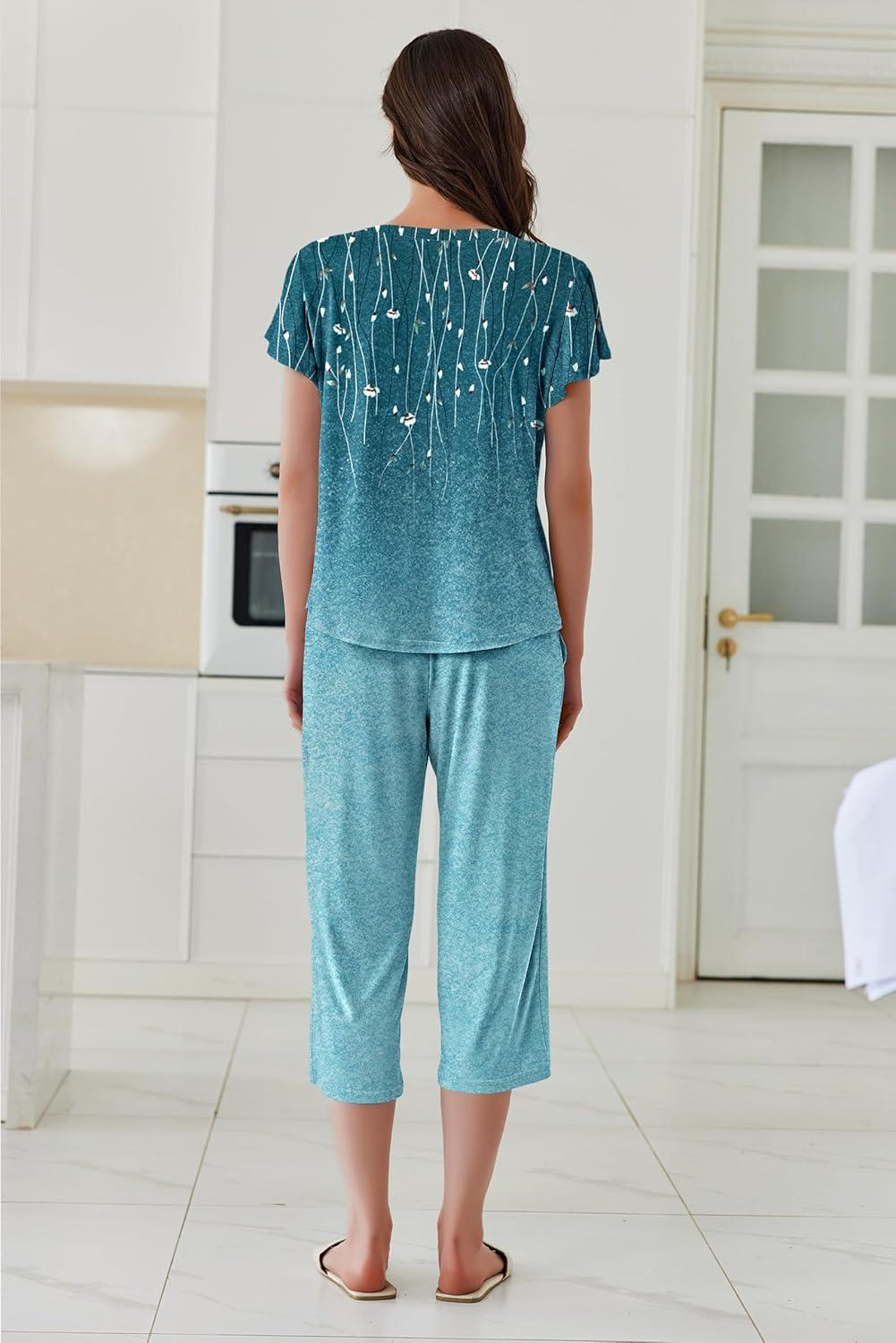 imageEkouaer Capri Pajamas Set Womens Ruffle Sleeve Top and Capri Pants Soft Sleepwear Loungewear with PocketsGreen Leaves