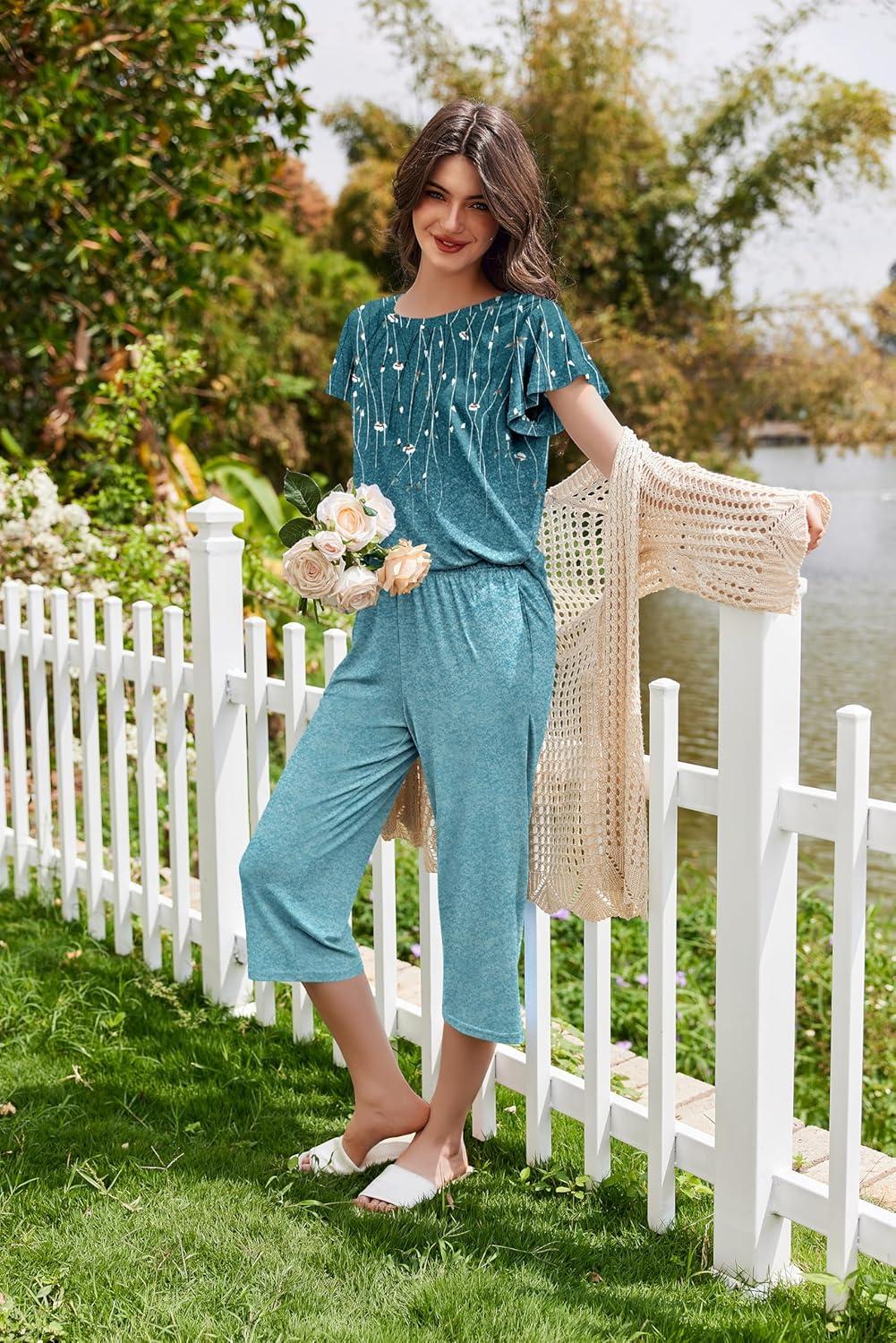 imageEkouaer Capri Pajamas Set Womens Ruffle Sleeve Top and Capri Pants Soft Sleepwear Loungewear with PocketsGreen Leaves
