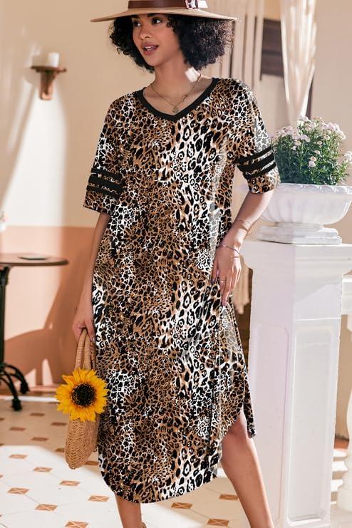 imageEkouaer Long Nightgown Womens V Neck Loungewear Oversized Sleepwear Loose Sleep Dress S4XLBrown Leopard Print2