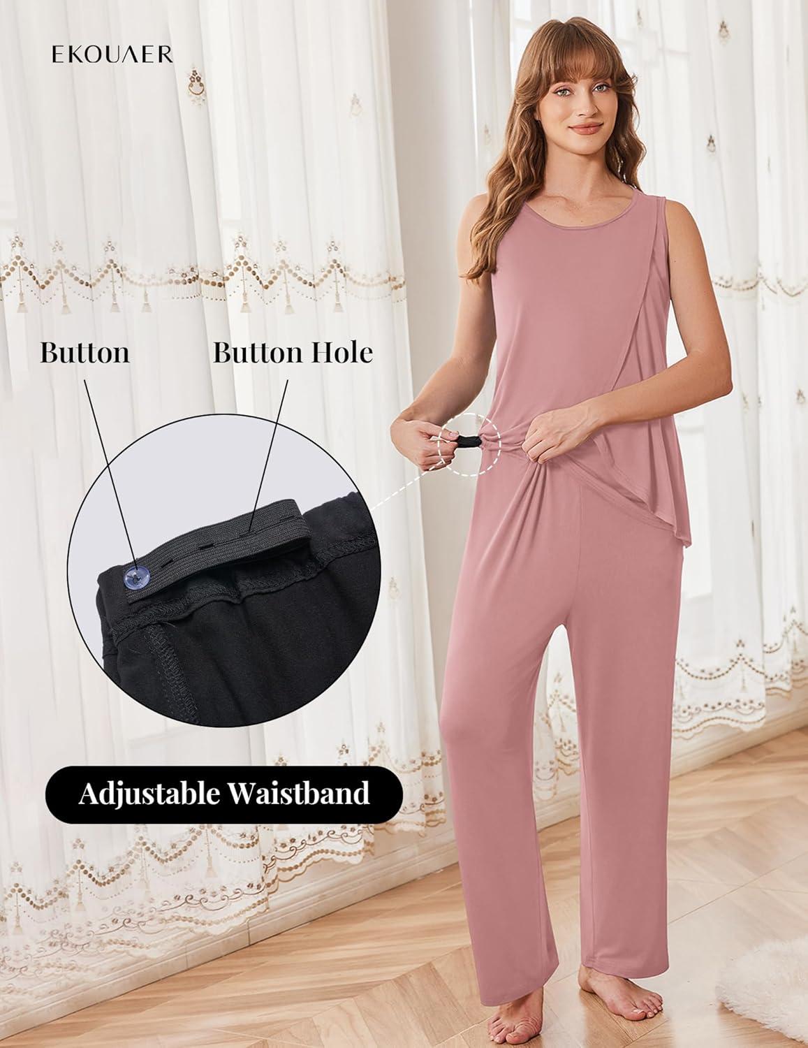 imageEkouaer Maternity Nursing Robe Set 3 Pieces Sleeveless Top Pregnancy Pants amp Robe Double Layer Pajamas SXXLDirty Rose