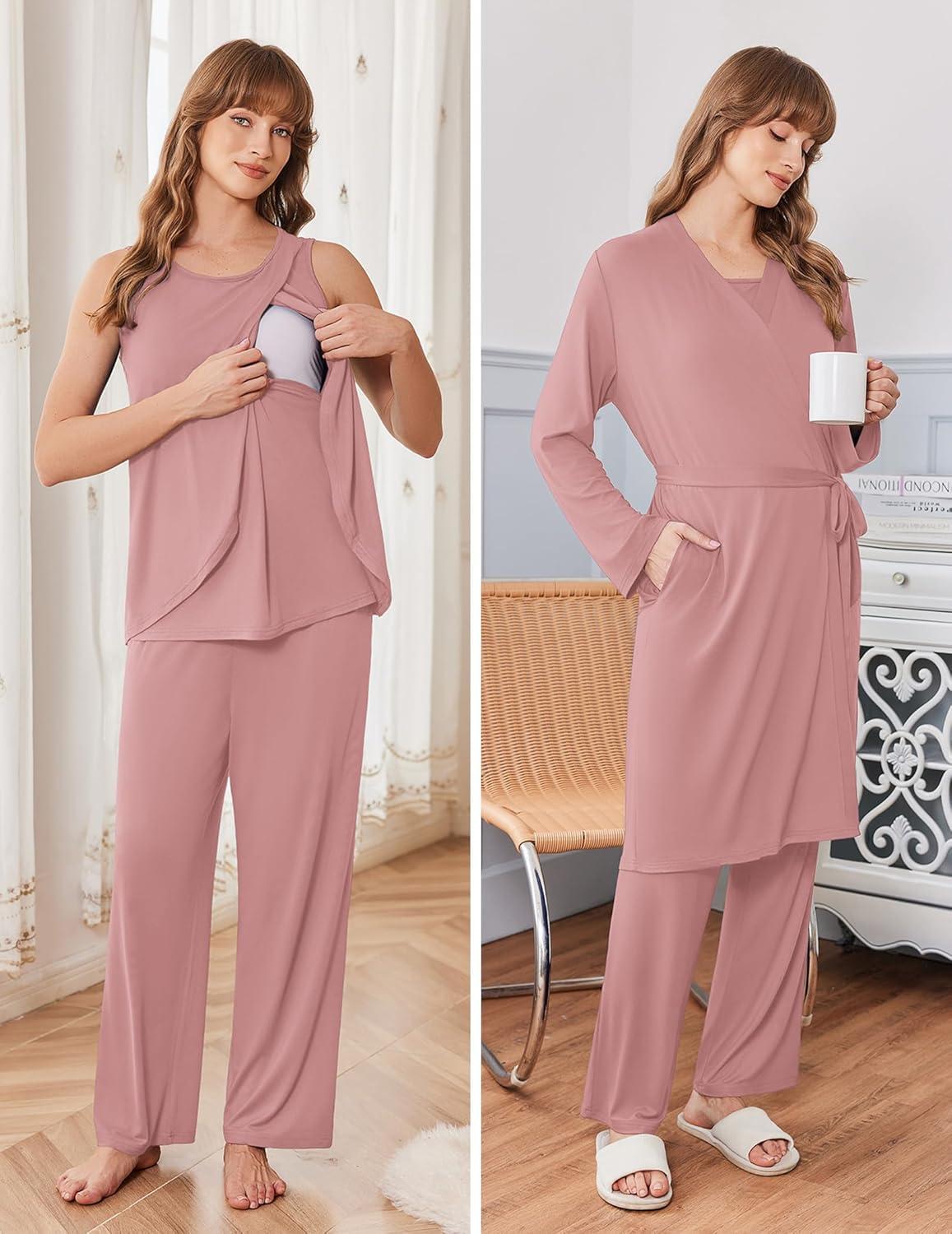 imageEkouaer Maternity Nursing Robe Set 3 Pieces Sleeveless Top Pregnancy Pants amp Robe Double Layer Pajamas SXXLDirty Rose