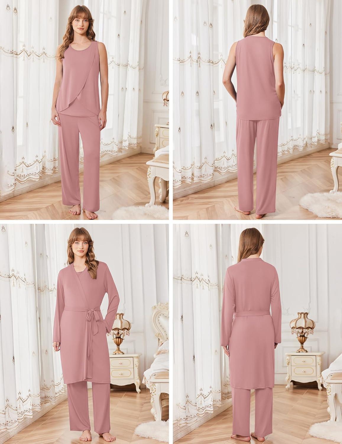 imageEkouaer Maternity Nursing Robe Set 3 Pieces Sleeveless Top Pregnancy Pants amp Robe Double Layer Pajamas SXXLDirty Rose