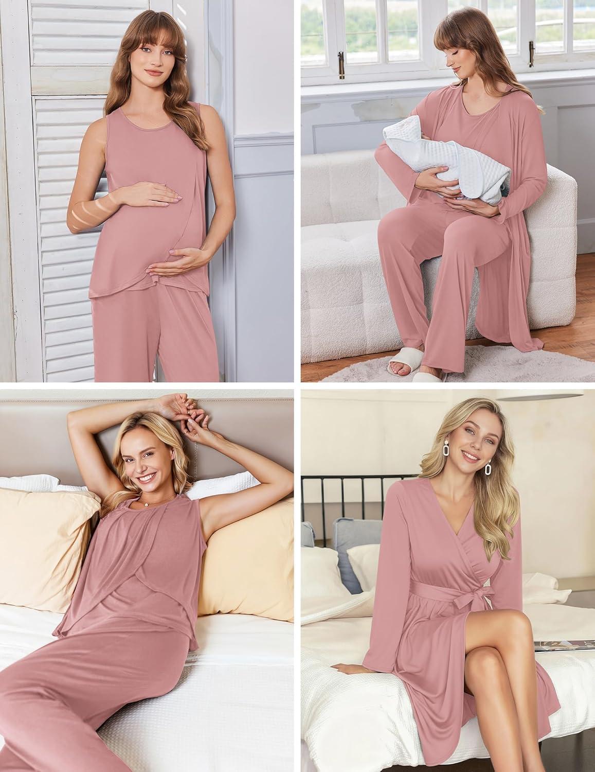 imageEkouaer Maternity Nursing Robe Set 3 Pieces Sleeveless Top Pregnancy Pants amp Robe Double Layer Pajamas SXXLDirty Rose