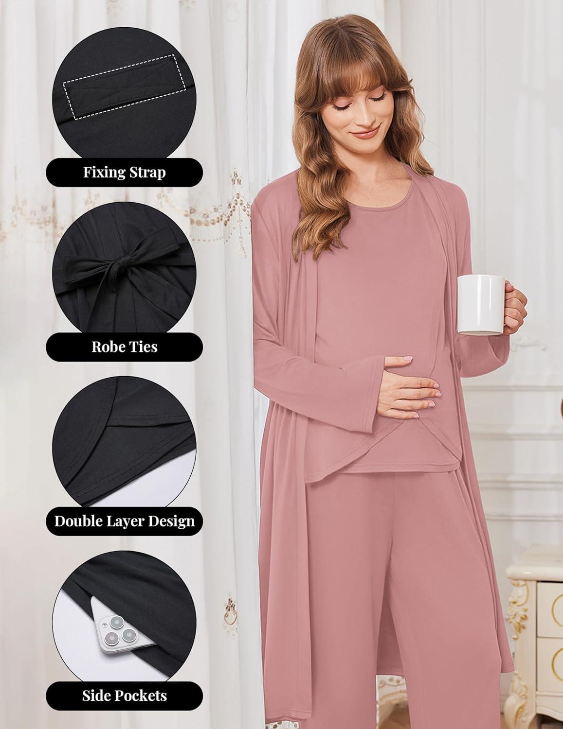 imageEkouaer Maternity Nursing Robe Set 3 Pieces Sleeveless Top Pregnancy Pants amp Robe Double Layer Pajamas SXXLDirty Rose