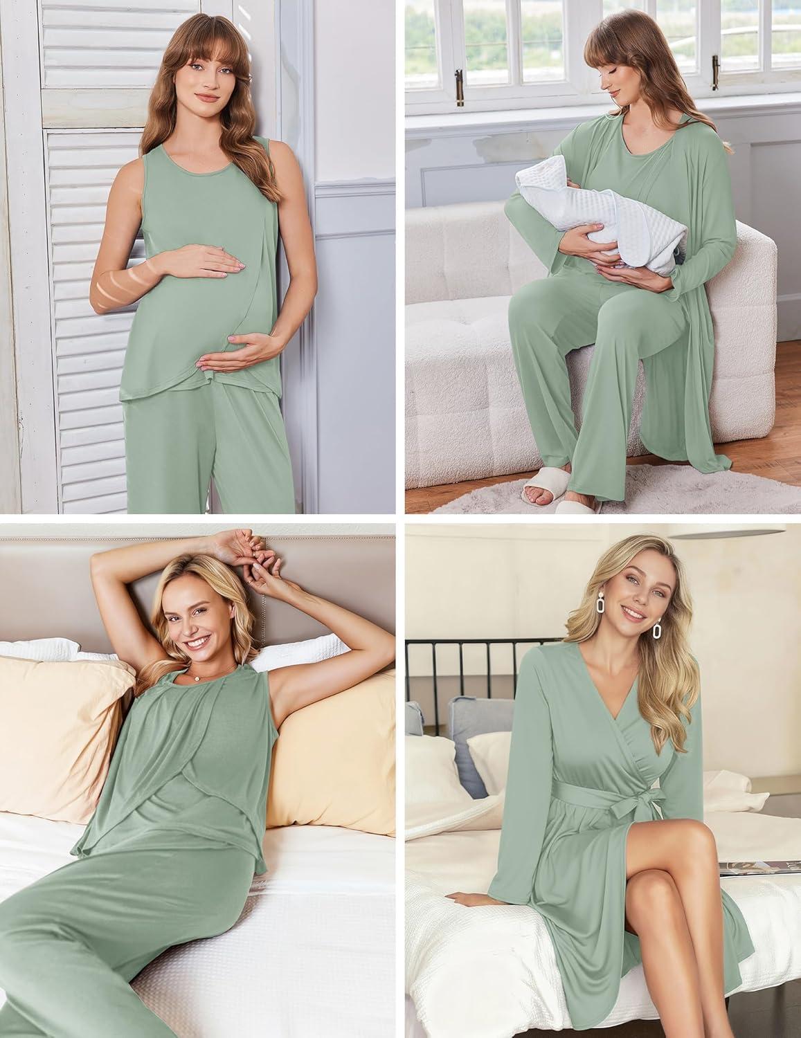 imageEkouaer Maternity Nursing Robe Set 3 Pieces Sleeveless Top Pregnancy Pants amp Robe Double Layer Pajamas SXXLLight Green