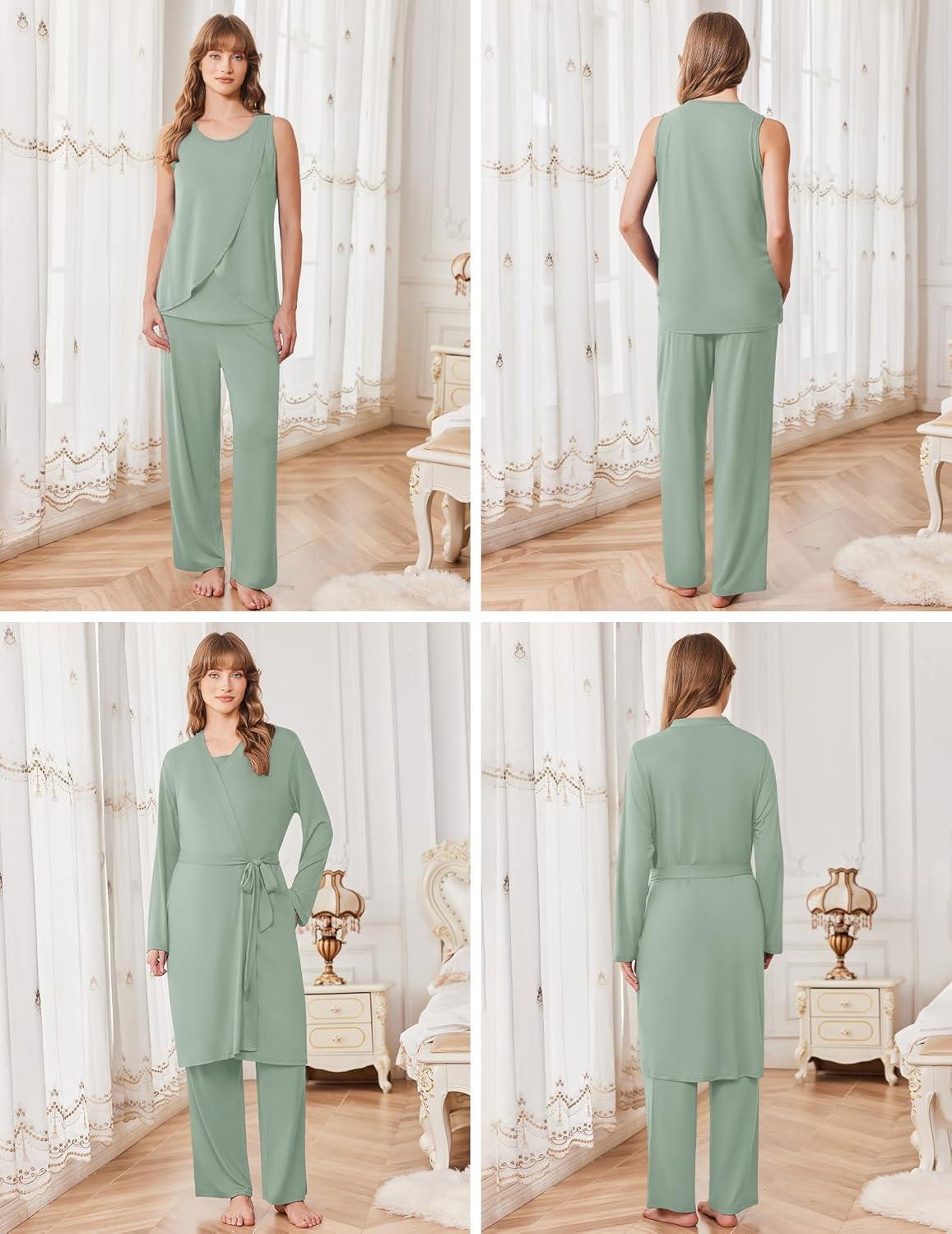 imageEkouaer Maternity Nursing Robe Set 3 Pieces Sleeveless Top Pregnancy Pants amp Robe Double Layer Pajamas SXXLLight Green