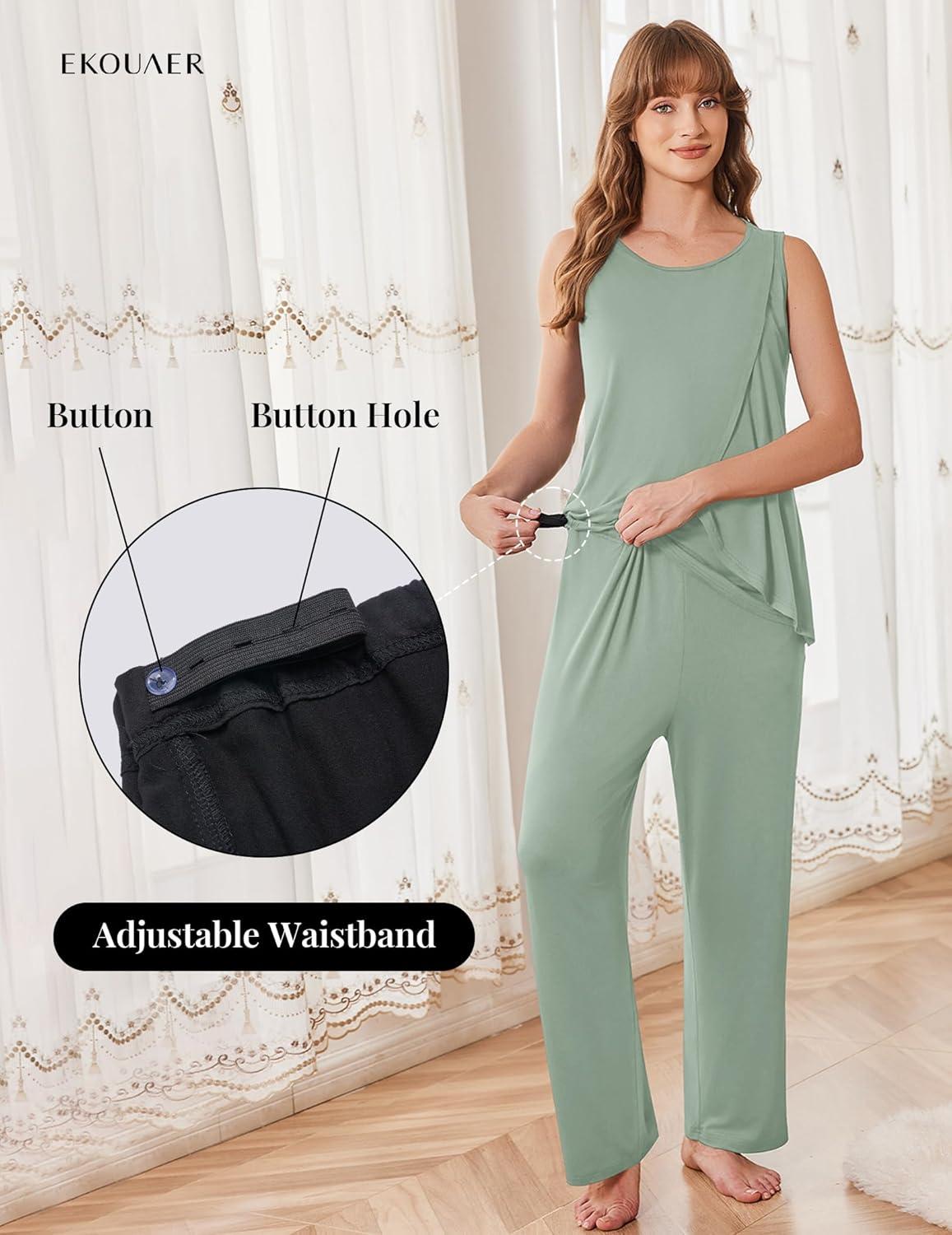 imageEkouaer Maternity Nursing Robe Set 3 Pieces Sleeveless Top Pregnancy Pants amp Robe Double Layer Pajamas SXXLLight Green
