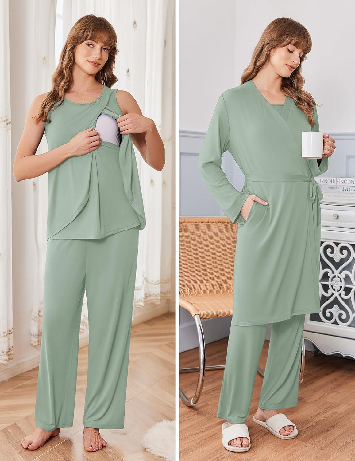 imageEkouaer Maternity Nursing Robe Set 3 Pieces Sleeveless Top Pregnancy Pants amp Robe Double Layer Pajamas SXXLLight Green