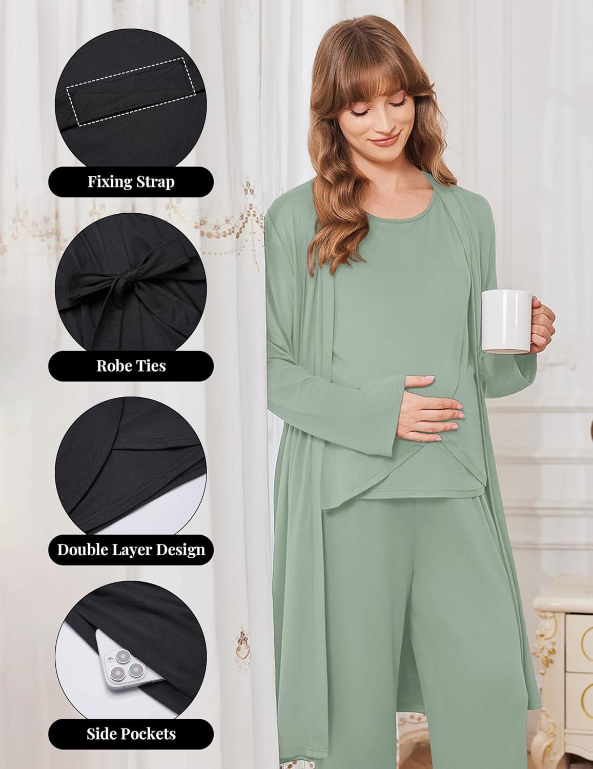 imageEkouaer Maternity Nursing Robe Set 3 Pieces Sleeveless Top Pregnancy Pants amp Robe Double Layer Pajamas SXXLLight Green