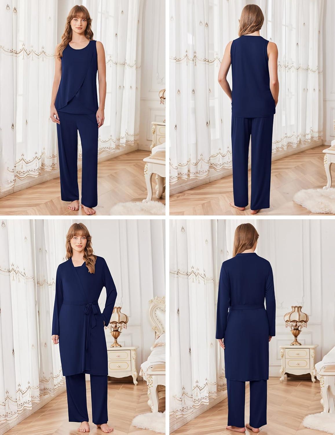 imageEkouaer Maternity Nursing Robe Set 3 Pieces Sleeveless Top Pregnancy Pants amp Robe Double Layer Pajamas SXXLNavy Blue