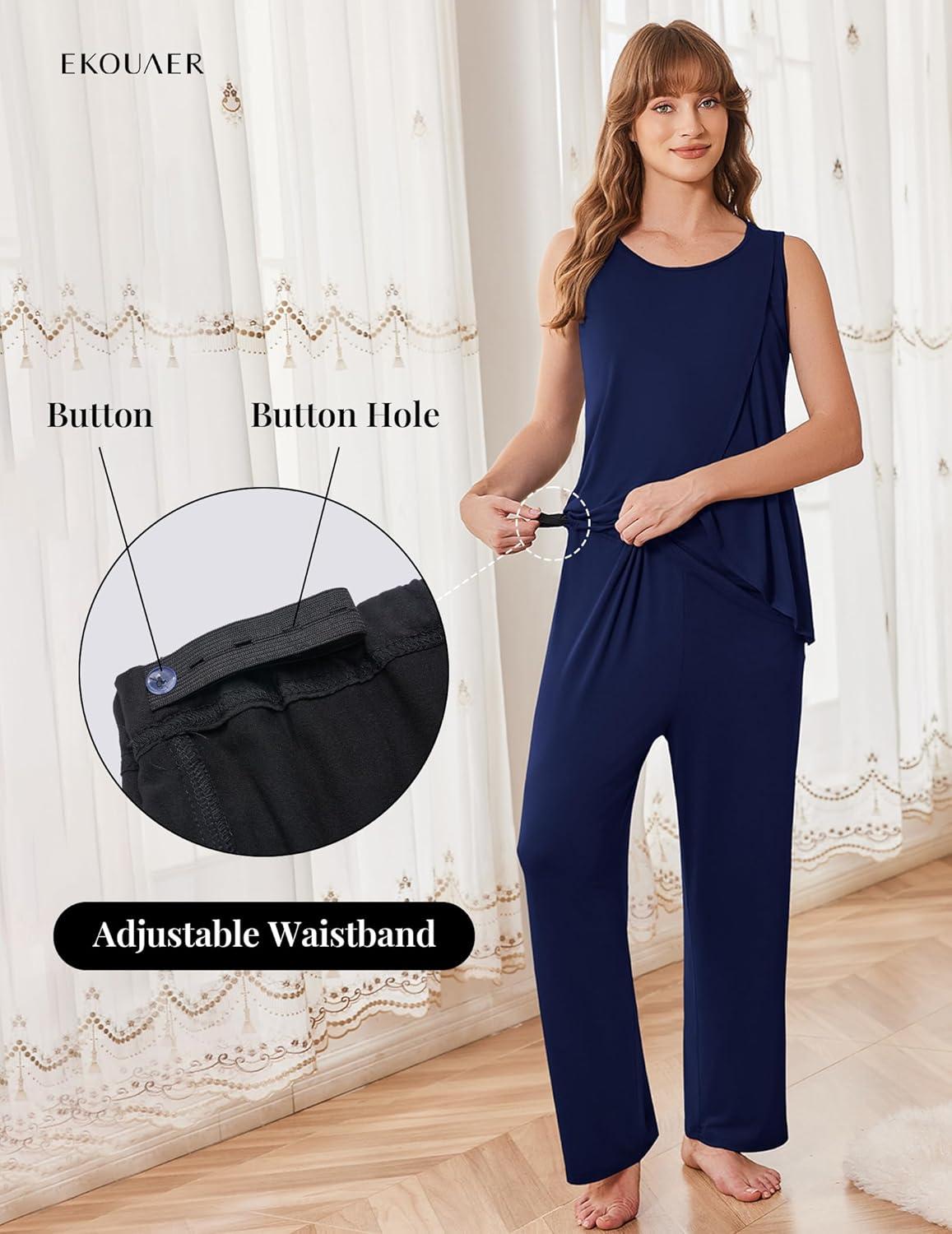 imageEkouaer Maternity Nursing Robe Set 3 Pieces Sleeveless Top Pregnancy Pants amp Robe Double Layer Pajamas SXXLNavy Blue