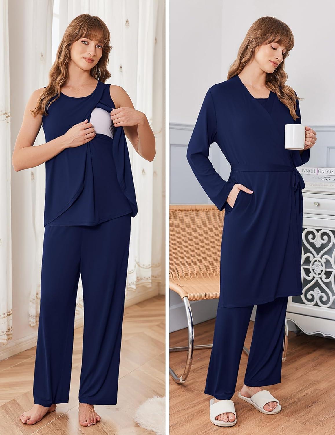 imageEkouaer Maternity Nursing Robe Set 3 Pieces Sleeveless Top Pregnancy Pants amp Robe Double Layer Pajamas SXXLNavy Blue