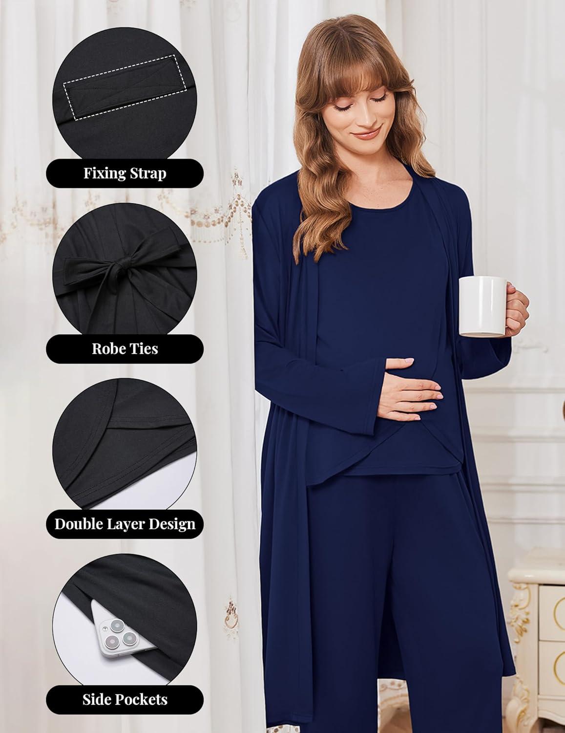 imageEkouaer Maternity Nursing Robe Set 3 Pieces Sleeveless Top Pregnancy Pants amp Robe Double Layer Pajamas SXXLNavy Blue