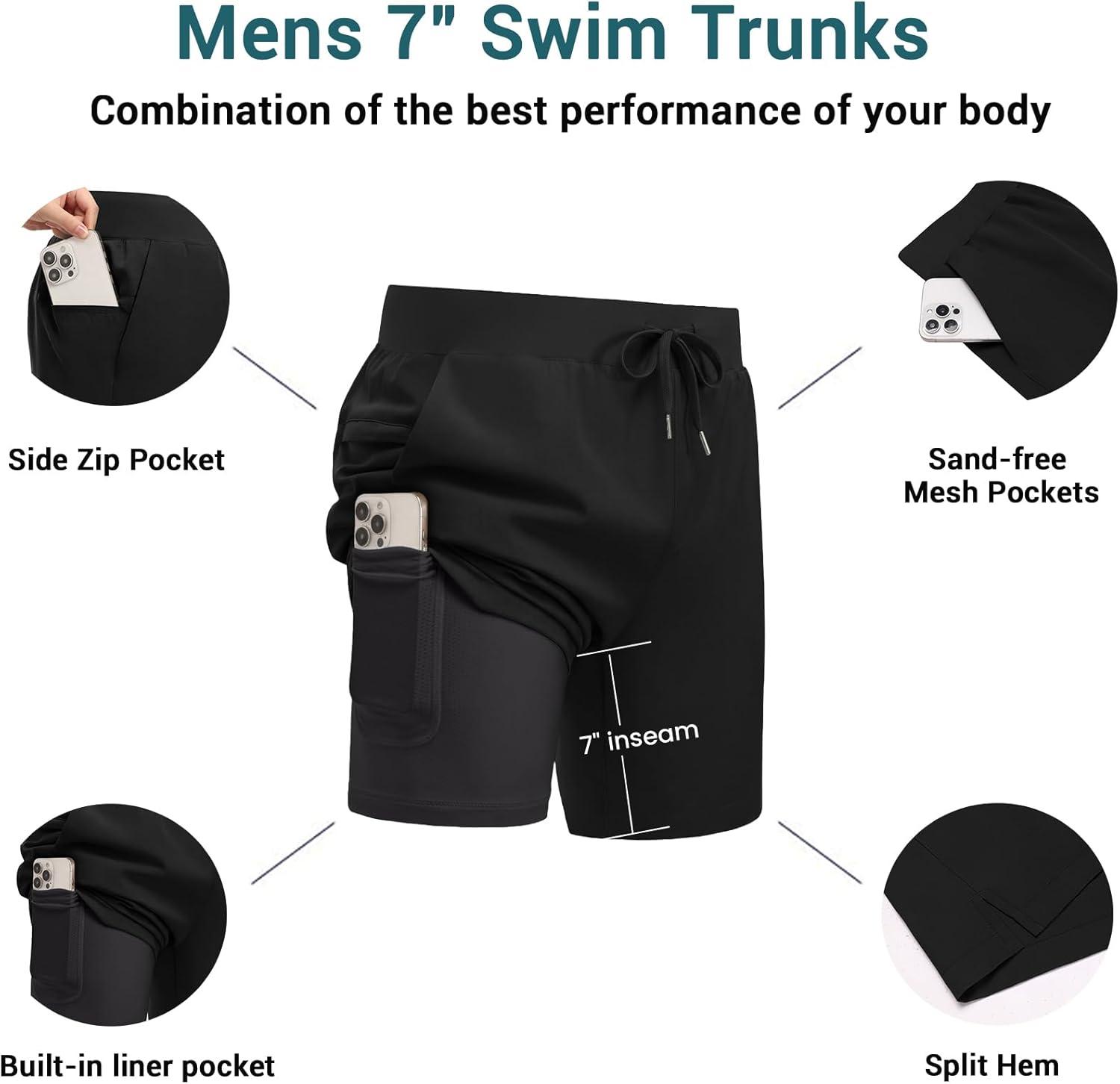 imageEkouaer Mens 7 Swim Trunks Swimwear Zip Pockets Beach Board Shorts Bathing Suits with Mesh LiningBlack