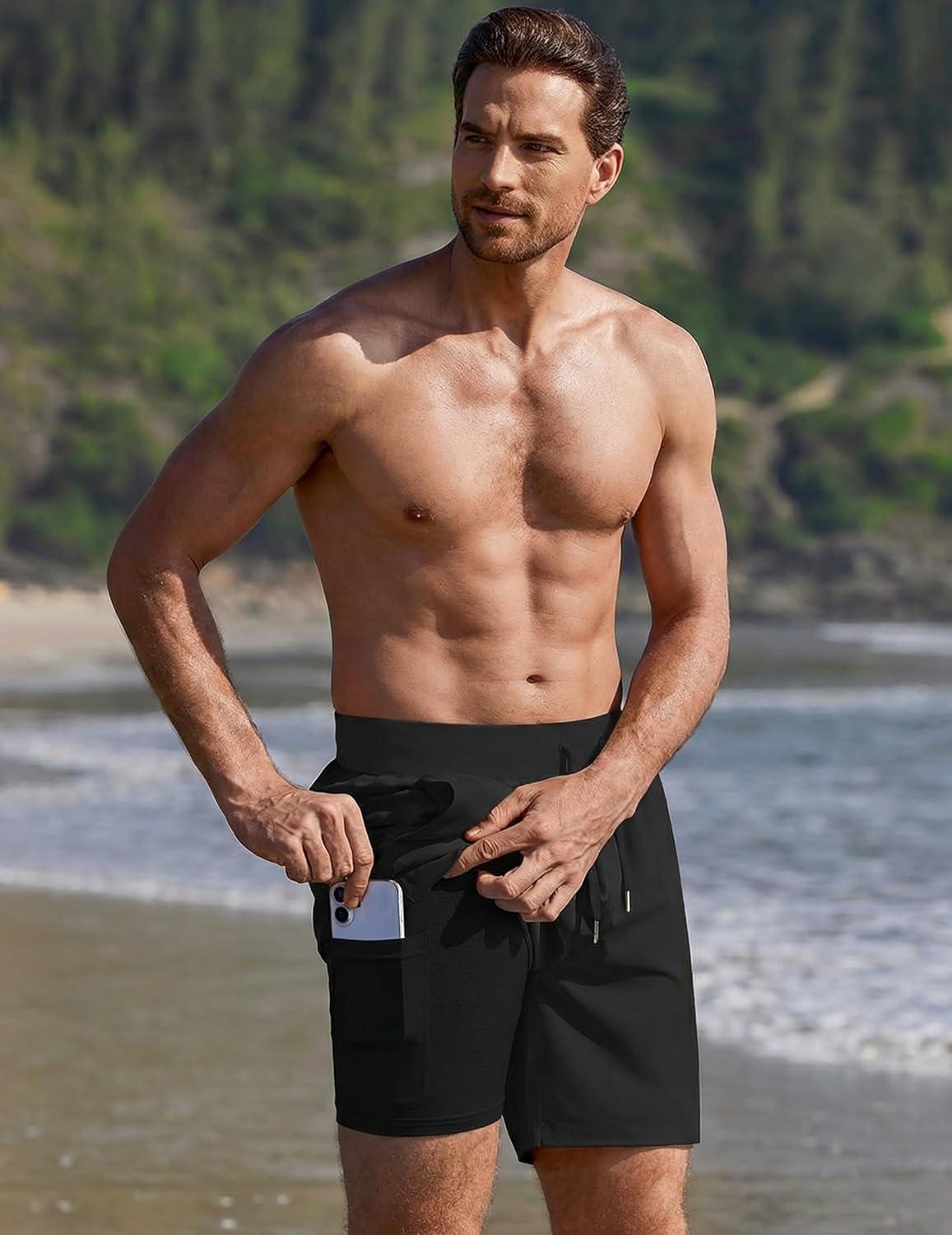 imageEkouaer Mens 7 Swim Trunks Swimwear Zip Pockets Beach Board Shorts Bathing Suits with Mesh LiningBlack