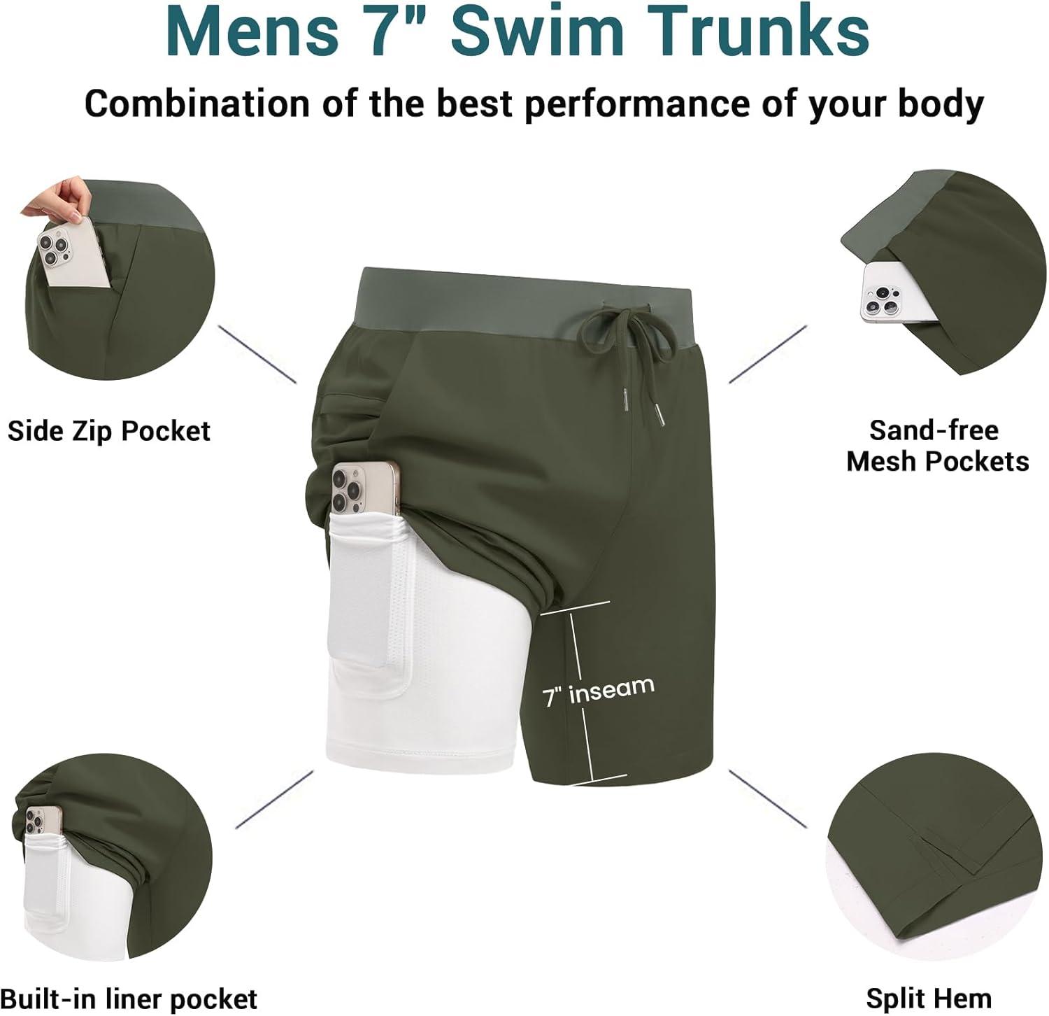imageEkouaer Mens 7 Swim Trunks Swimwear Zip Pockets Beach Board Shorts Bathing Suits with Mesh LiningC Army Green