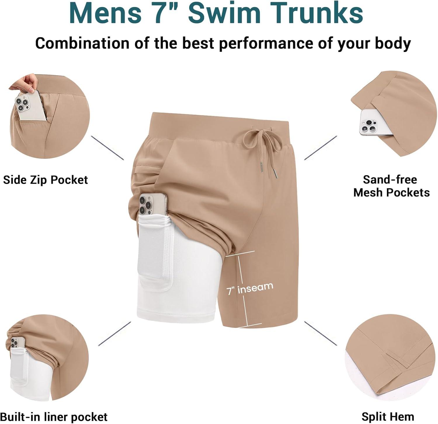 imageEkouaer Mens 7 Swim Trunks Swimwear Zip Pockets Beach Board Shorts Bathing Suits with Mesh LiningKhaki