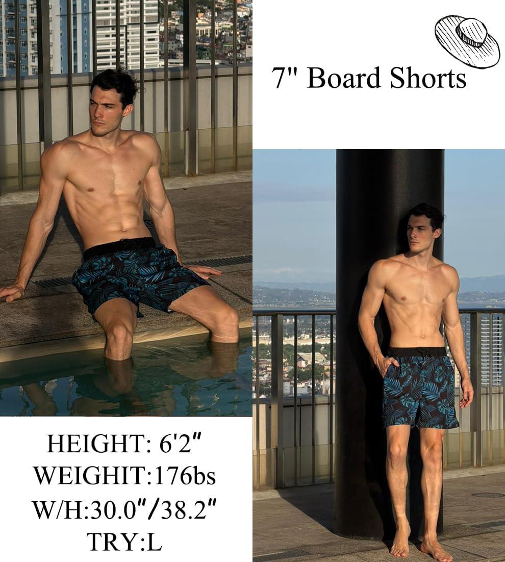 imageEkouaer Mens 7 Swim Trunks Swimwear Zip Pockets Beach Board Shorts Bathing Suits with Mesh LiningZ Black Blue Leaf